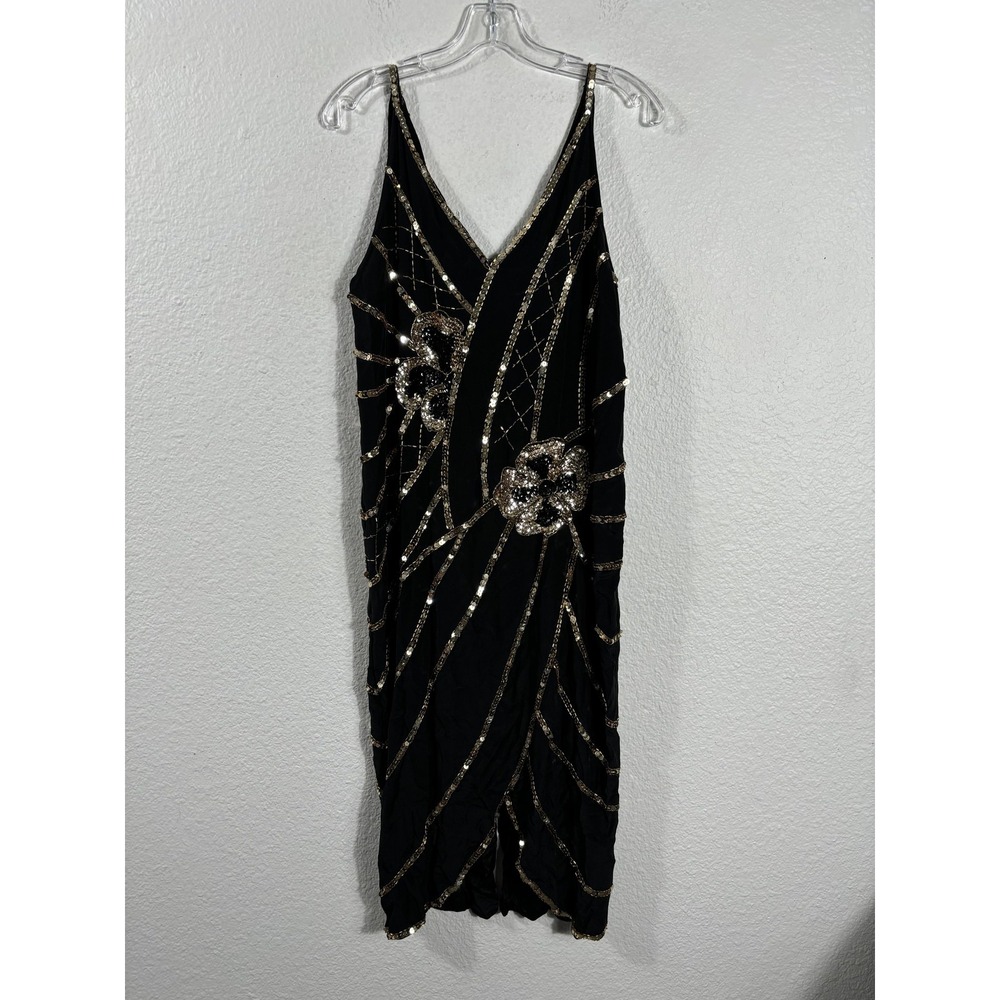 Vintage Shoman Dress Womens Medium Silk Sequin Floral Beaded Glam 1980s
